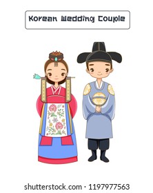 cute Korean wedding couple in traditional dress, vector isolated with background