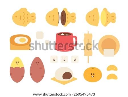 Cute Korean Winter Snacks Illustration Set in Flat Cartoon Style. 