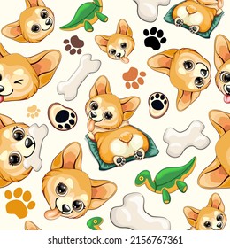 Cute Korgi Puppy Dog, little pet Cartoon Character with bones, paw prints, a Dinosaur Toy, assembled to compose a seamless Reteat Textile Pattern. Vector Art Copyright BluedarkArt TheChameleonArt
