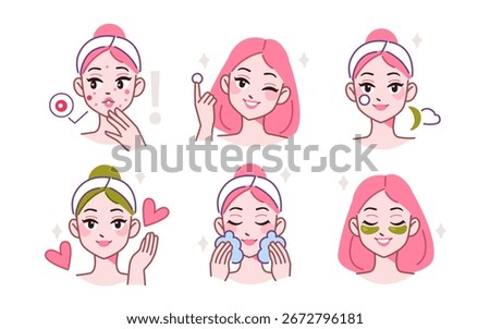 Cute k-pop girl character using facial cleanser, pimple patch and other skin care products. Beauty and fashion trendy doodle cartoon concept set. Vector illustration. 
