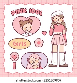 Personajes adorables de ídolos de chica K-pop. Tarjeta fotográfica y garrote de luz. color rosa