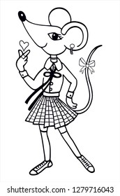 Cute k-pop mouse girl idol sending love to her fans. Black and white vector for card or gift, for coloring.