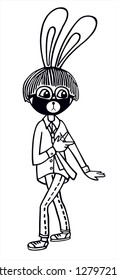 Cute k-pop rabbit boy idol dancing with a mask on. Black and white vector for card or gift, for coloring.
