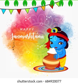 Cute Krishna with Makkhan Pot, Wallpaper design on colorful decorative background for Happy Janmashtami.