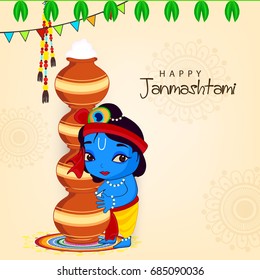 Cute Krishna trying to find Makkhan Pot, Wallpaper design on Elegant background for Happy Janmashtami.
