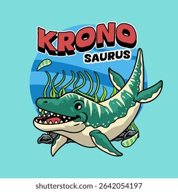 Cute Kronosaurus Aquatic Dinosaur Character Mascot in Cartoon Illustration