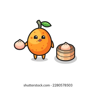 cute kumquat character eating steamed buns , cute style design for t shirt, sticker, logo element