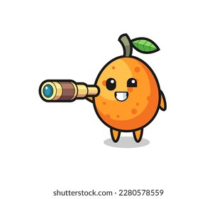 cute kumquat character is holding an old telescope , cute style design for t shirt, sticker, logo element