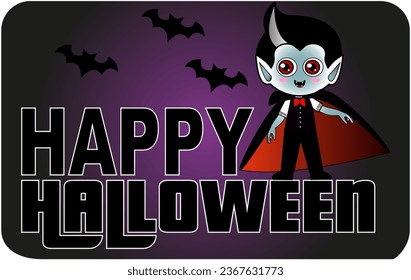 Cute kwaii Vampire Dracula with the text written Happy Halloween with bats and a shade of purple