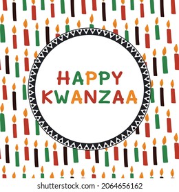 Cute Kwanzaa greeting card with seamless pattern with kinara candles and colorful text. Vector Kwanzaa holiday festival celebration design. Flyer, social media post, banner