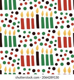 Cute Kwanzaa seamless pattern with seven kinara candles and dots in traditional African colors - black, red, green on white. Vector Kwanzaa holiday childish background design.