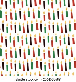 Cute Kwanzaa seamless pattern with seven kinara candles in traditional African colors - black, red, green on white. Vector Kwanzaa holiday festival celebration background design.