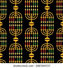 Cute Kwanzaa seamless pattern with seven kinara candles in traditional African colors - black, red, green on black. Vector Kwanzaa holiday background design.