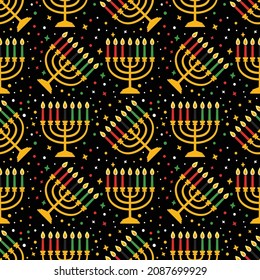 Cute Kwanzaa seamless pattern with seven kinara candles and dots, stars, in traditional African colors - black, red, green on black. Vector Kwanzaa holiday background design.