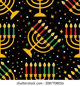 Cute Kwanzaa seamless pattern with seven kinara candles and dots, stars, in traditional African colors - black, red, green on black. Vector Kwanzaa holiday background design.