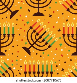 Cute Kwanzaa seamless pattern with seven kinara candles and dots, stars, in traditional African colors - black, red, green on yellow. Vector Kwanzaa holiday background design.