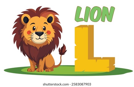 Cute L for Lion vector illustration, perfect for ABC flashcards, preschool posters, and educational materials. Great for teaching kids spelling, reading, and vocabulary in a fun way!