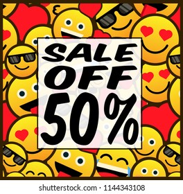 cute label, logo, background with emoji illustration, vector