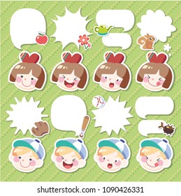 Cute label set with boy & girl. vector illustration.