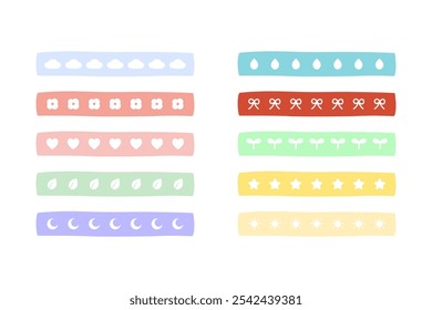 Cute label tapes collection. Planner, organizer, reminder, note concepts. Flat decorative glyph minimal vector design isolated illustration.