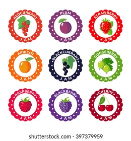 Cute labels for berry jam. Icons isolated on white background. Vector illustration
