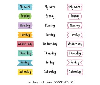 cute labels days of the week. Sunday, Monday, Tuesday, Wednesday, Thursday, Friday, Saturday. days of the week doodle. Vector illustration