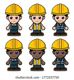 Cute Labor Bau Set Sammlung Mascot-Zeichen. Fröhlicher Arbeitstag. Vektorgrafik-Design. Einzeln auf weißem Hintergrund.