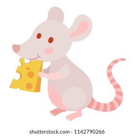 cute laboratory albino rat eats cheese. cartoon vector illustration