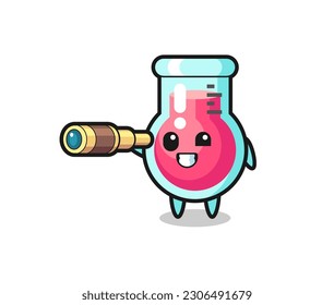 cute laboratory beaker character is holding an old telescope , cute style design for t shirt, sticker, logo element