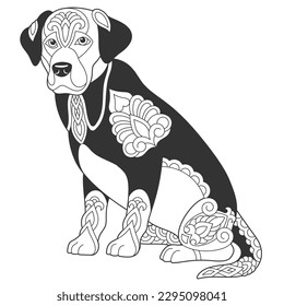 Cute labrador dog design. Animal coloring page with mandala and zentangle ornaments