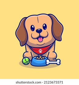 Cute Labrador Dog With Food And Ball Cartoon Vector Icon Illustration. Animal Nature Icon Concept Isolated Premium Vector. Flat Cartoon Style