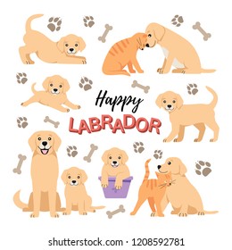 Cute Labrador puppies set. Dog and cat friendship vector isolated. Purebred  small retrievers illustration. Happy pets playing