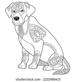 Cute labrador retriever dog. Adult coloring book page in mandala style