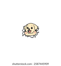 Cute labrador retriever puppy break through the paper cartoon, vector illustration