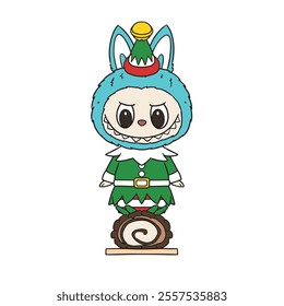 Cute Labubu Christmas Elf. Animal the monsters standing on wood. Vector sticker and keychain