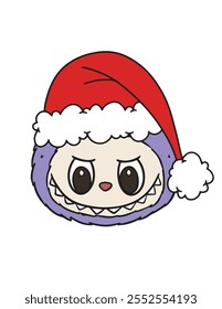 Cute Labubu Head Christmas Hat, Animal Monsters. Sticker and Keychain Vector