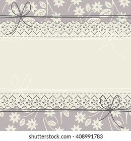 Cute lace frame with flowers, bows and leaves for greeting cards, wedding invitations,  baby shower and more creative designs.