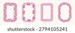 Cute lace frames with floral pattern, frills and bow, set vector illustrations isolated on white background. Vintage pink ribbons, coquette borders for romantic Valentine invitations, wedding cards