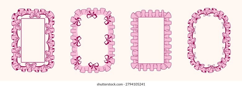 Cute lace frames with floral pattern, frills and bow, set vector illustrations isolated on white background. Vintage pink ribbons, coquette borders for romantic Valentine invitations, wedding cards