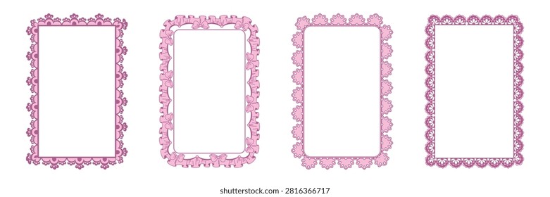 Cute lace frames with floral pattern, frills and bow, set vector illustrations isolated on white background. Vintage pink ribbons, coquette borders for romantic Valentine invitations, wedding cards