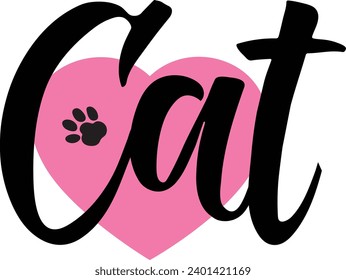Cute laconic vector lettering sign cat with cat paw prints and hearts in contrast black and pink colors on transparent background