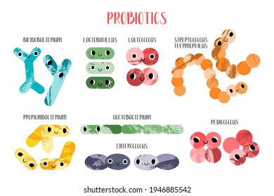 Cute lactic acid bacteria character. Probiotics. Good kawaii microorganism for gut, intestinal flora health. Bifidobacterium, lactobacillus, lactococcus, thermophilus streptococcus. Vector cartoon set