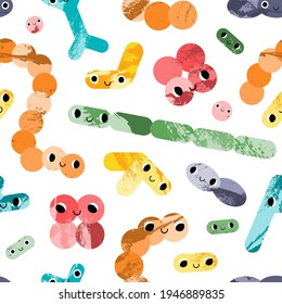 Cute lactic acid bacteria character. Probiotics. Kawaii microorganism for gut, intestinal flora health. Bifidobacterium, lactobacillus, lactococcus, thermophilus streptococcus. Vector seamless pattern