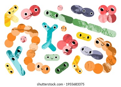 Cute lactic acid bacteria character. Probiotics. Good kawaii microorganism for gut, intestinal flora health. Bifidobacterium, lactobacillus, lactococcus, thermophilus streptococcus. Vector cartoon set