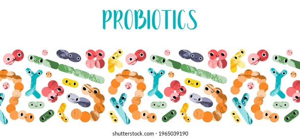 Cute lactic acid bacteria character. Probiotics. Good kawaii microorganism for gut, intestinal flora health. Bifidobacterium, lactobacillus, lactococcus, thermophilus streptococcus. Vector cartoon art