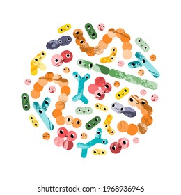 Cute lactic acid bacteria character. Probiotics. Good kawaii microorganism for gut, intestinal flora health. Bifidobacterium, lactobacillus, lactococcus, thermophilus streptococcus. Vector cartoon art