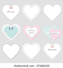 Cute lacy hearts set. Girly scrapbook design. Valentine's day stickers.