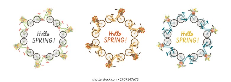 Lindas bicicletas de las señoras con cestas de flores de primavera en marco redondo. Marcos redondos hechos de bicicletas de mujer con inscripción Hello Spring! Perfecto para portadas, tarjetas de felicitación y redes sociales. 