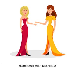 Cute Ladies in Elegant Outfits Cartoon Characters. Pretty Women Wearing Evening Gowns and High Heels. Beauty Contest. Luxury Attire for Special Event. Prom Party. Attractive Girls Greeting and Talking