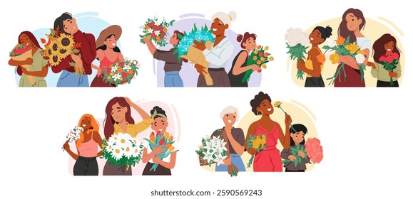 Cute ladies holding flowers bouquets feeling happiness rejoicing romantic sign of attention isolated set. beautiful female characters with lovely floral present to birthday or international women day